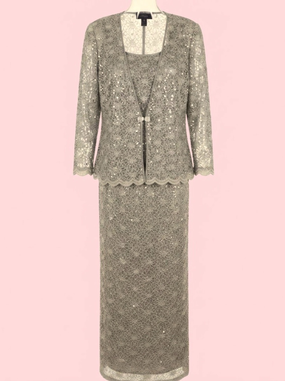 R&M Richards Women's Champagne Lace Sequin Dress with Jacket - Size 14 MOB